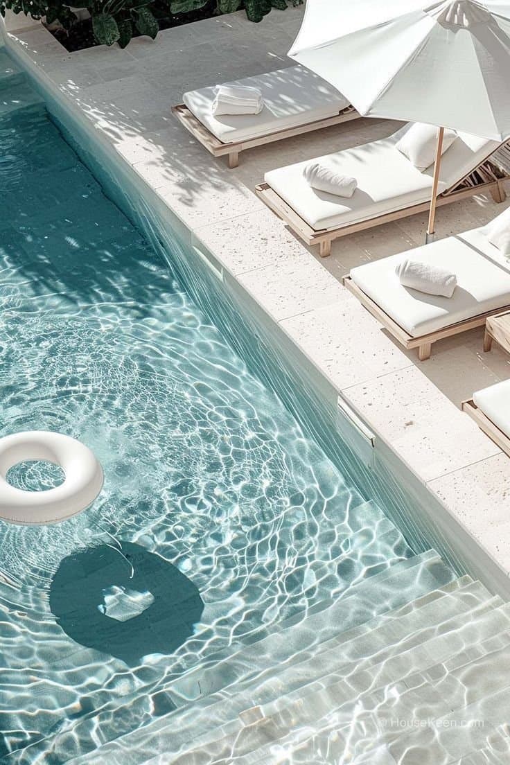 Piscina vista de cima com espreguiçadeiras, guarda-sol e boia flutuante