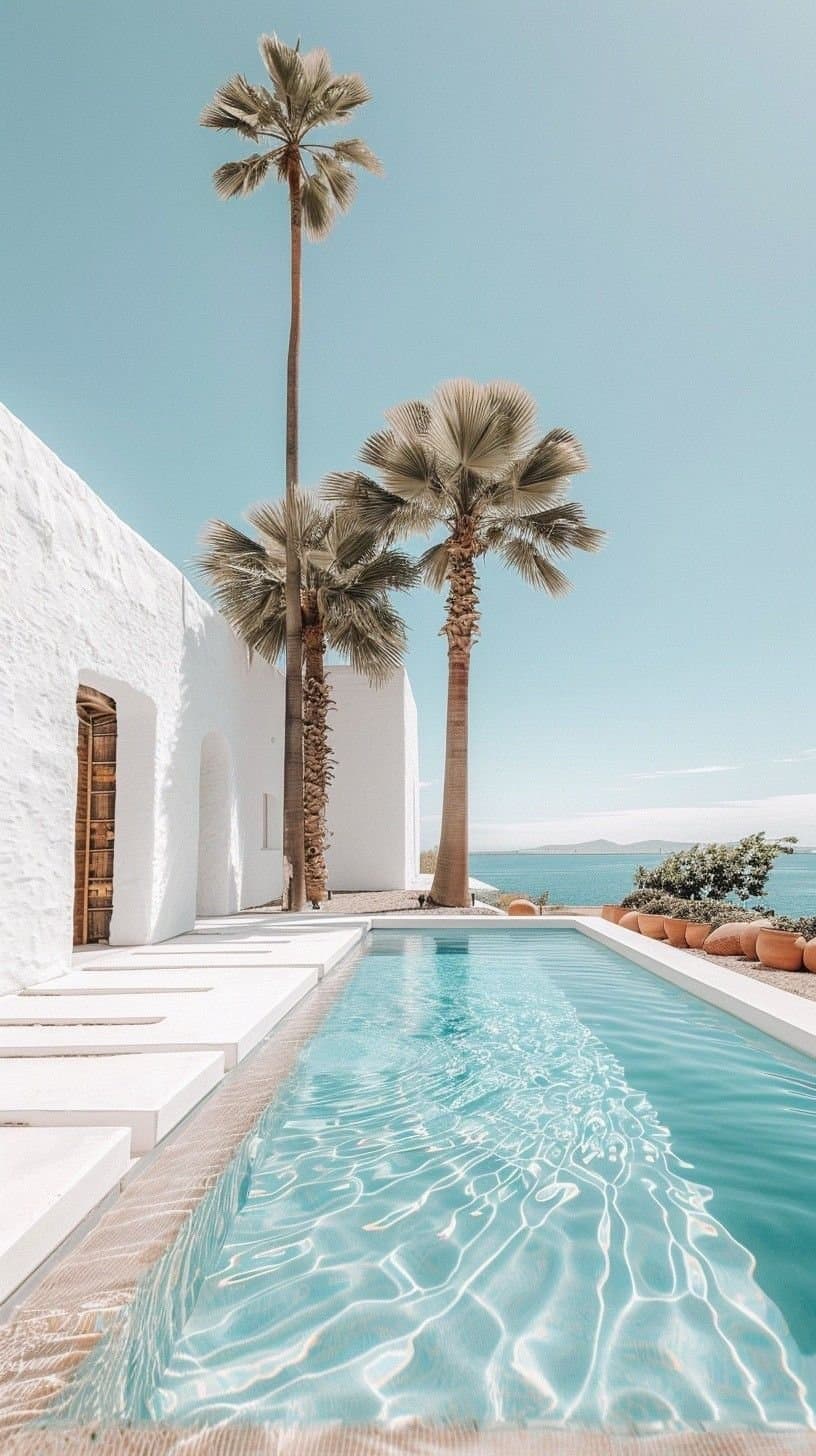 Piscina cristalina à beira-mar com casa branca estilo mediterrâneo e palmeiras