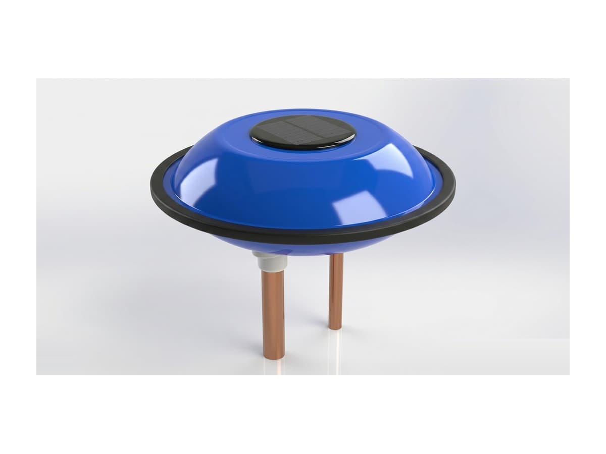 Render 3D do Eco-Ion: cúpula azul com painel solar no topo e ânodos de cobre